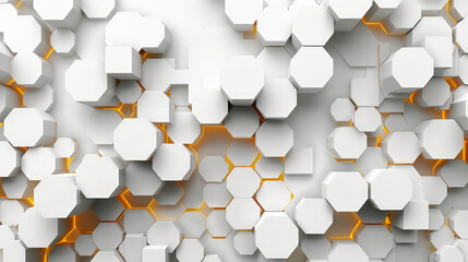 Poster - The composition features a series of overlapping white hexagonal shapes highlighted by subtle orange accents, creating a visually engaging and contemporary aesthetic suitable for digital backgrounds.