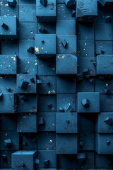 Poster - A collection of textured blue cubes and polygonal shapes arranged in a striking abstract formation. The surfaces show wear, adding depth to the scene with contrasting light and shadow.