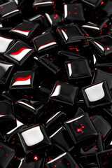 Poster - A vivid display of small, square tiles in black with striking red speckles, creating an eye-catching mosaic effect. The tiles are glossy and reflect light, enhancing their visual appeal.
