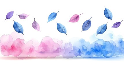 Poster - Delicate watercolor leaves in shades of blue and pink float gracefully above a gentle pastel swirl, creating a serene, artistic atmosphere. The serene colors evoke a sense of calm.