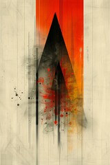 Poster - An abstract composition showcases a striking interplay of sharp black shapes against a vivid orange and light beige backdrop, creating a dynamic visual experience with various textures and splatters.