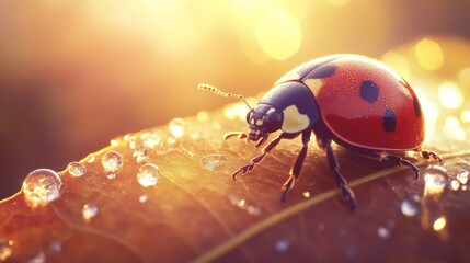 Poster - Colorful Ladybug on Dewy Leaf in Sunlight
