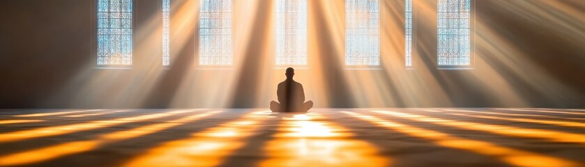 A serene scene of meditation with rays of sunlight illuminating a peaceful space, inviting reflection and mindfulness.