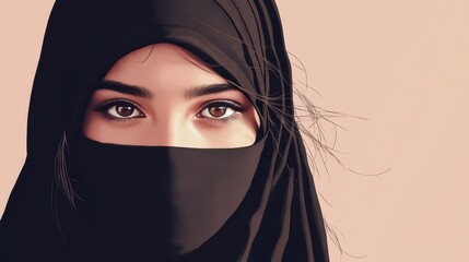 Captivating Muslim teenage girl in niqab gazes warmly. Traditional closed clothing for women of the East. Total unrecognisability of people. The rights of women of the East. Illustration for design