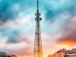 A stunning view of a radio tower against a colorful sunset skyline, showcasing urban telecommunications and technology infrastructure.