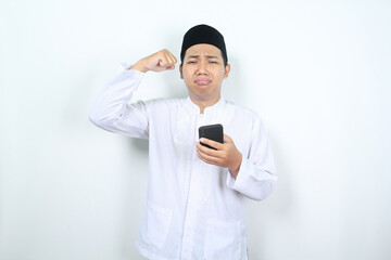 sad muslim asian man crying with holding phone