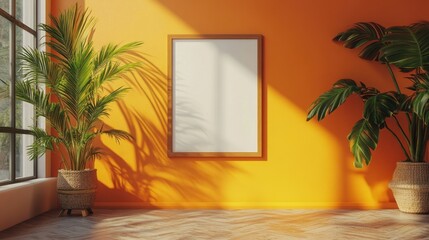 Poster - blank frame mockup on orange wall with palm plant.