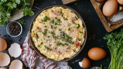 Overhead Shot of Carbonara with Fresh Ingredients