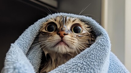 Poster - Wet Cat Wrapped in Fluffy Towel After Bath Time