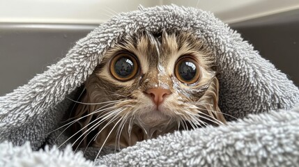 Poster - Cute Cat Wrapped in Fluffy Towel After Bath Time