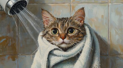 Poster - Cat Wrapped in Towel After Bath Time