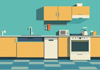 Wall Mural - modern kitchen, minimalistic design, turquoise background, wooden cabinets, appliances, bright colors, inviting atmosphere