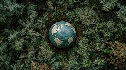 Poster - A globe is sitting in a field of green plants. The globe is surrounded by leaves and branches, and it is a small, round object. Concept of curiosity and wonder