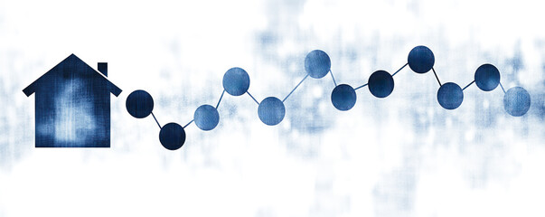 Poster - A house is depicted in the center of a blue line with many dots. The house is surrounded by a blue line with dots, creating a sense of depth and movement. The dots are scattered throughout the line
