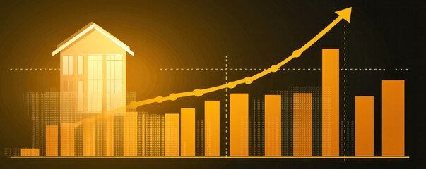 Poster - A house is shown with a graph that shows a rising line. The graph is orange and has a lot of numbers