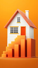 Poster - A house is shown with orange and white colors. The house is on a step with a staircase. The house is on a wall with orange background