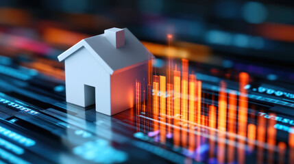 Poster - A house is shown on a computer screen with a series of orange lines surrounding it. The house is white and he is a small home. The orange lines suggest that the house is in a high-risk area
