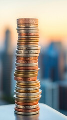 Poster - A stack of coins with different colors and sizes. The coins are piled on top of each other, creating a tall tower. Concept of wealth and abundance, as the coins represent a significant amount of money