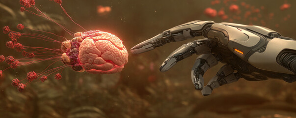Poster - A robot hand is touching a brain. The robot is white and the brain is pink. The scene is set in a forest with a lot of plants and trees
