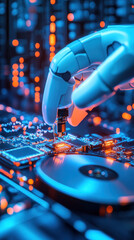 Poster - A robot is touching a computer chip. The robot is white and the computer chip is blue. The image has a futuristic and technological feel to it