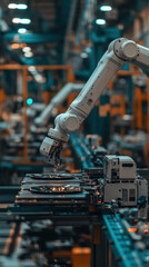 Poster - A robot is working on a machine in a factory. The robot is white and has a long arm. The factory is filled with other robots and machines. Scene is industrial and mechanical