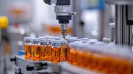 Poster - A machine is filling bottles with a liquid. The bottles are orange and white. The machine is in a factory