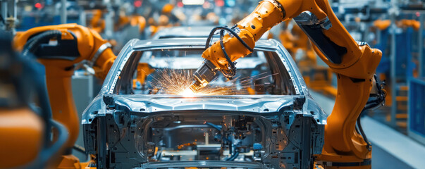 Poster - A robot is working on a car, and the car is being made in a factory. The robot is using a welding machine to cut the car's body. The scene is industrial and mechanical