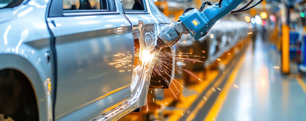 Poster - A car is being worked on in a factory. The car is being cut open and the inside is being worked on. Concept of a car being built or repaired in a factory setting