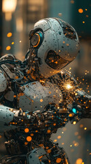 Poster - A robot is shown in a city with sparks flying around it. The robot is wearing a helmet and has a metallic appearance. The scene gives off a futuristic and industrial vibe