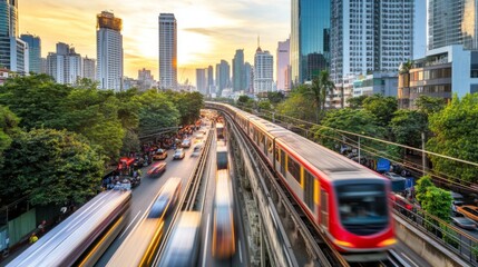 Aufkleber - Electric Train Moving Along Elevated Tracks at Sunset