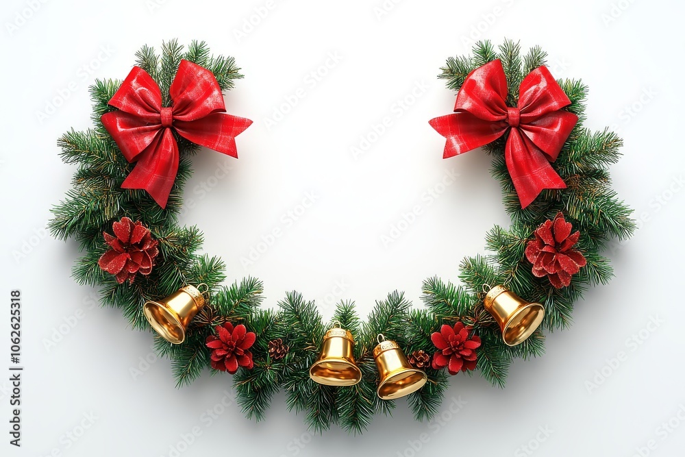 Christmas garland frame with red bow and golden bells, isolated on ...