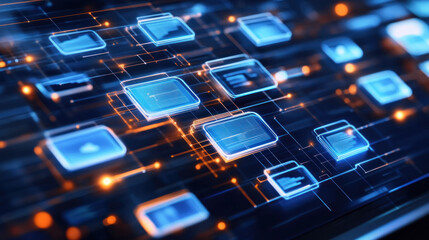 Poster - A computer screen with many blue and orange squares. The squares are all different sizes and colors. Concept of technology and complexity