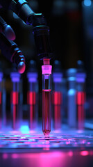 Poster - A robot is holding a syringe and inserting it into a glass tube. The tubes are filled with different colored liquids, and the robot is in a lab setting. Scene is scientific and futuristic