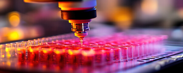 Poster - A microscope is focused on a red substance. The substance is in a tray with many small containers