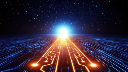Poster - A digital path made of glowing circuit lines, leading to a bright focus point, symbolizing tech strategy.