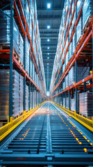 Poster - A long, empty warehouse with a conveyor belt in the middle. The conveyor belt is yellow and the warehouse is blue