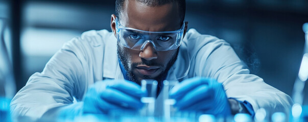 Poster - A man in a lab coat is wearing blue gloves and looking at a test tube. Concept of focus and concentration as the man works on his experiment