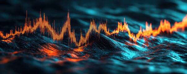 Poster - A computer generated image of a wave with orange lines on it. The image has a futuristic and abstract feel to it
