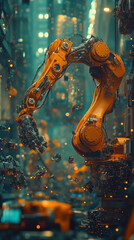 Poster - A robot arm is shown in a city setting with a lot of debris and wires. The robot arm is orange and he is broken. The image has a futuristic and industrial feel to it