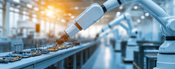 Poster - A robot is working on a conveyor belt with other robots. The robots are white and are working on a line of electronic components. Concept of efficiency and precision