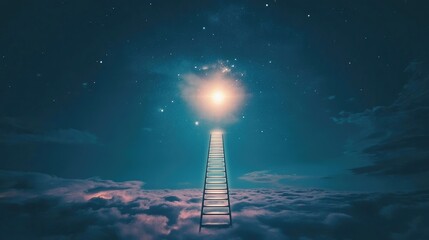 Poster - Business strategy concept: a glowing ladder leaning toward a focus point of light in the sky.