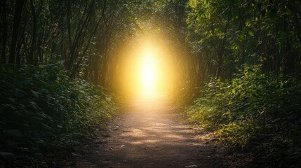 Poster - Focus point of light illuminating a path through a dark forest, showing clarity in business planning.