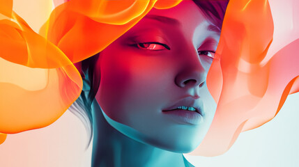 Surreal Digital Art: Woman, Orange, Teal, Abstract, Fashion