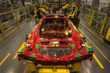 Aufkleber - Assembly Line with Robotic Arms Working on Car Body