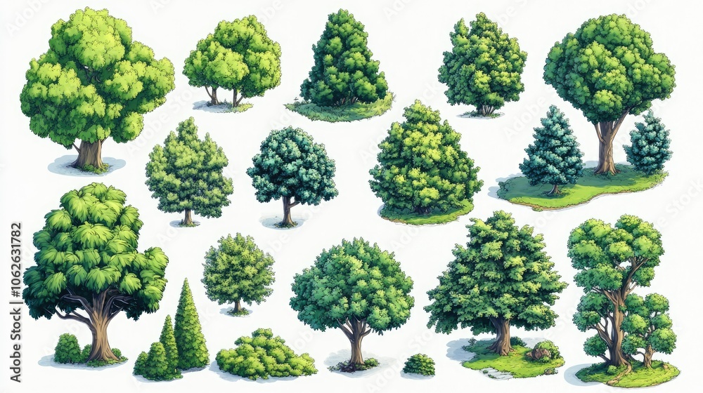 Variety of cartoon trees with different shapes and shades of green ...