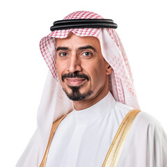 Wall Mural - Close-up of a smiling Saudi man wearing traditional clothing, isolated on transparent background