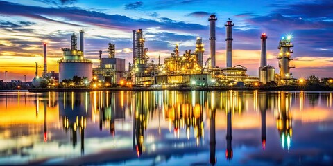 Wall Mural - Petrochemical plant glowing at twilight with lights reflecting on water , industry, factory, petrochemical, plant