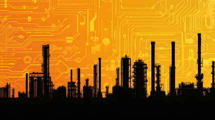 Aufkleber - A silhouette of industrial structures against a vibrant orange background, overlaid with circuit patterns, symbolizing the fusion of technology and industry.