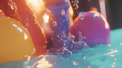 Poster - Colorful, vibrant objects splash in water, creating dynamic ripples and droplets, set against a warm glowing background.