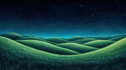 Digital landscape image featuring a serene, rolling green field under a deep blue night sky. The foreground consists of lush, undulating grassy hills, with a smooth texture and vibrant green color